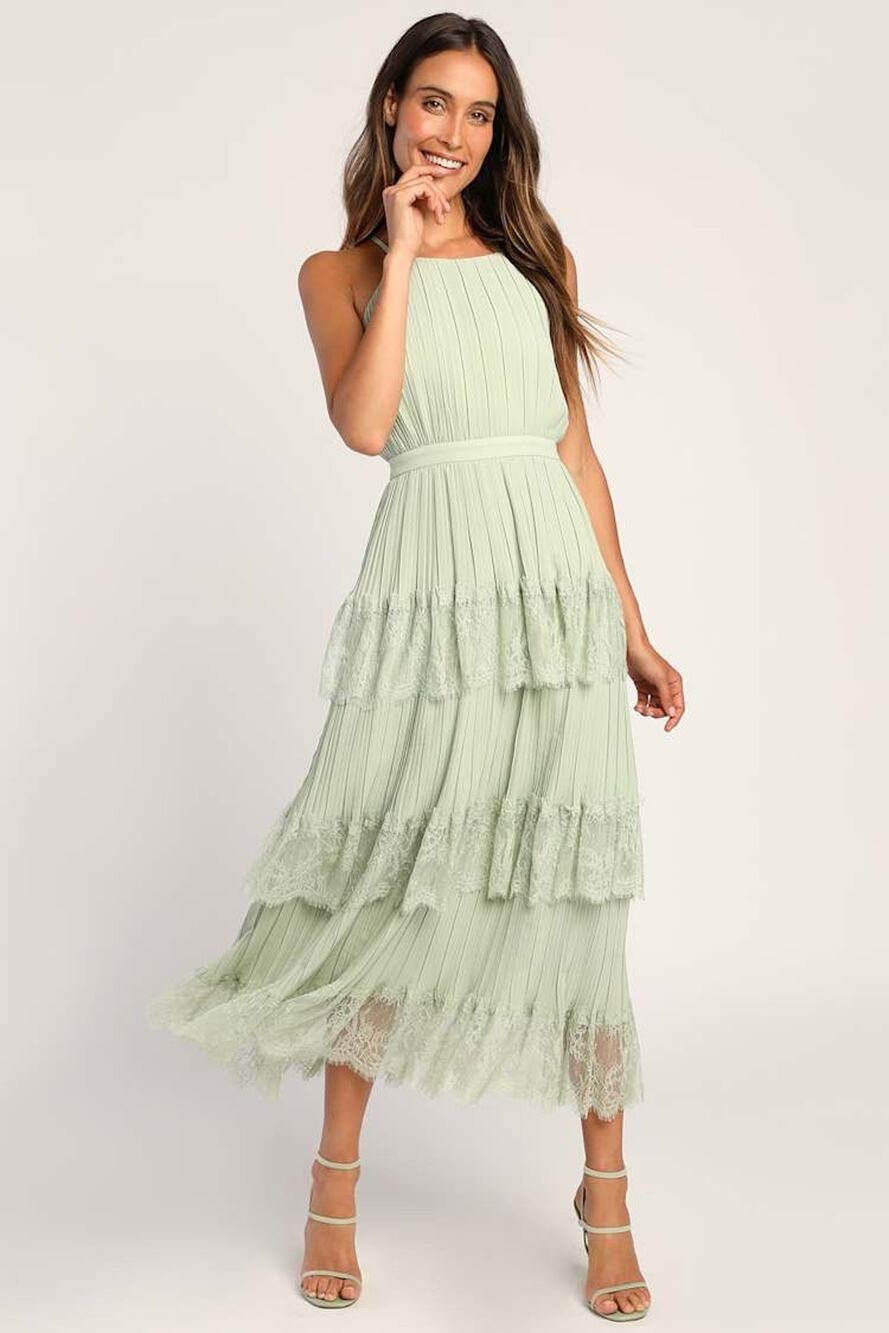 NWT Lulus Came For Cocktails Sage Green Pleated Tiered Lace Maxi Dress Size S